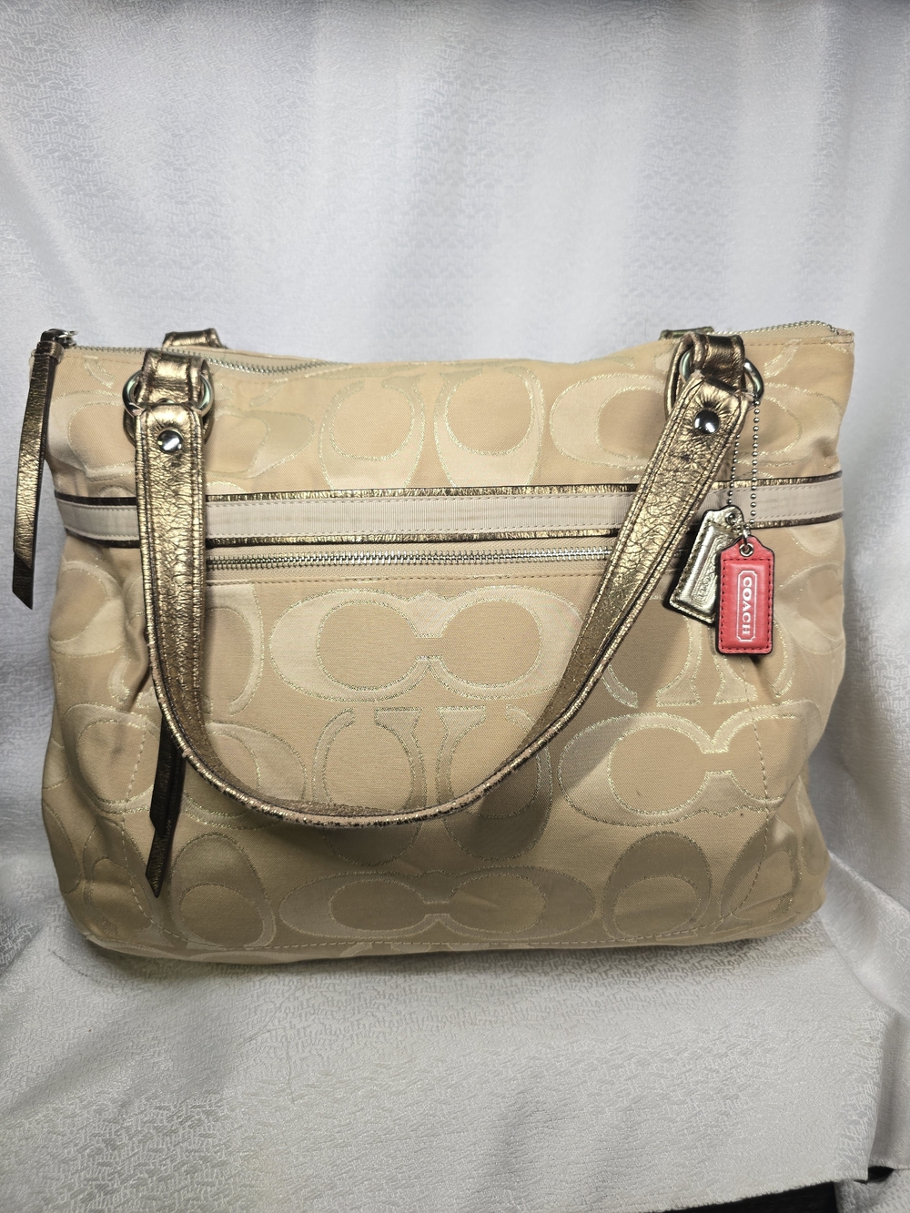 Coach Beige Signature Tote with Metallic Gold Trim